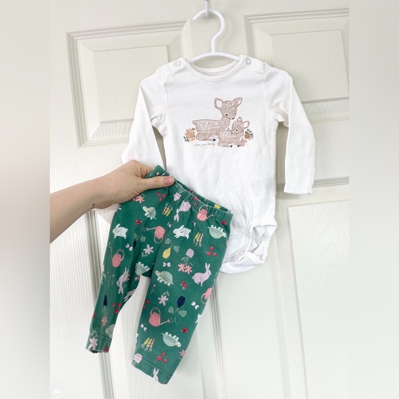 H&M Deer Onesie and Green Gardening Patterned Pants Set - Picture 1 of 1